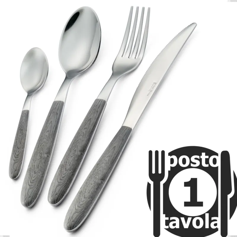 Confezione 1 posto tavola vero olmo grigio, acciaio 18.0 nickel free, manicatura pbt sublimato acciaio lucido Eme Posaterie Occasione Imperdibile