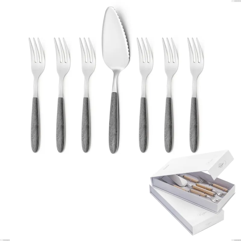 Confezione a libro 7 pezzi, forchettine più paletta dolce vero olmo grigio, acciaio 18.0 nickel free, manicatura pbt sublimato acciaio lucido Eme Posaterie Promozione