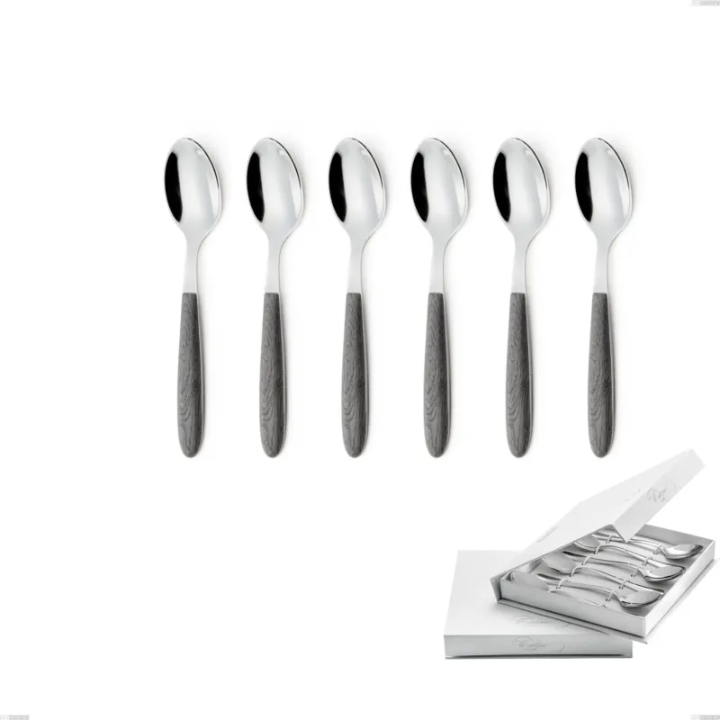 Spedizione Espresso Confezione a libro 6 pezzi cucchiaini caffè vero olmo grigio, acciaio 18.0 nickel free, manicatura pbt sublimato acciaio lucido Eme Posaterie