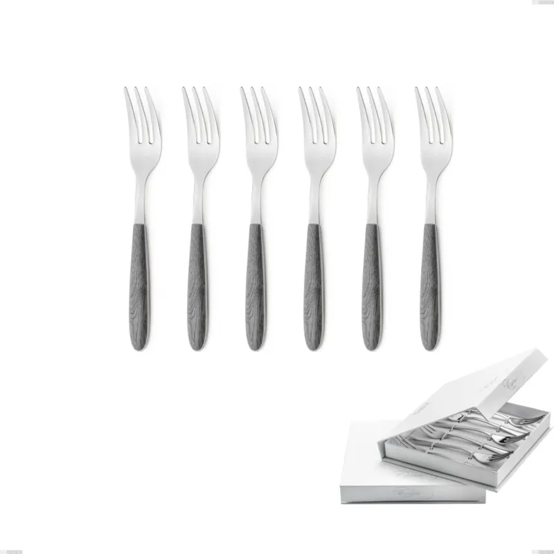 Confezione a libro 6 pezzi forchette dolce vero olmo grigio, acciaio 18.0 nickel free, manicatura pbt sublimato acciaio lucido Eme Posaterie Esclusivo