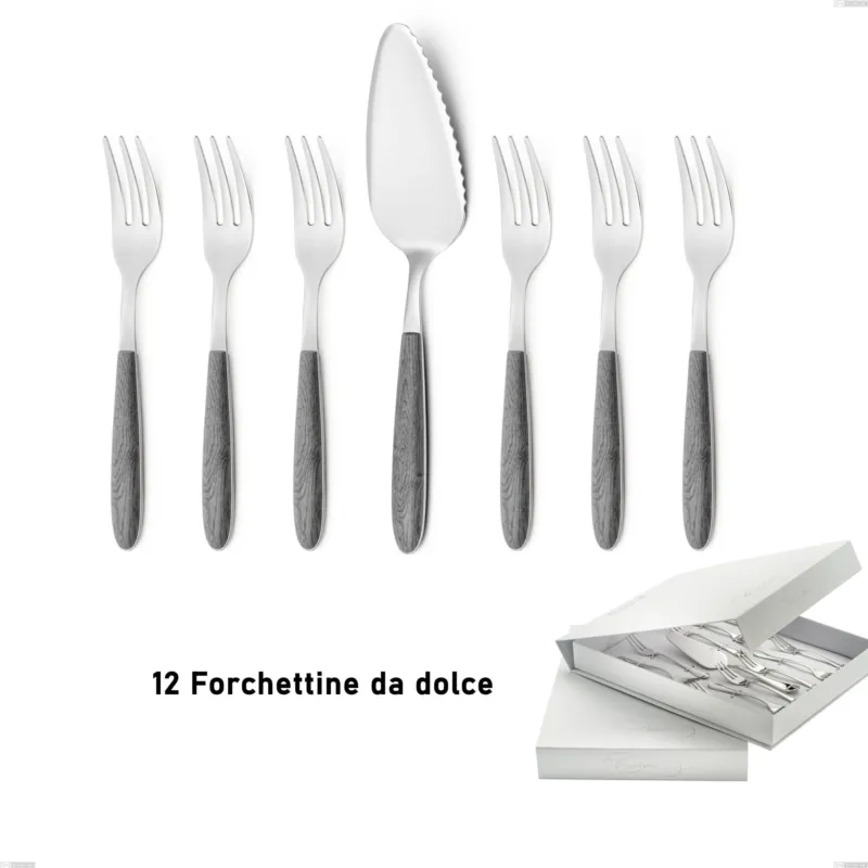 Confezione a libro 13 pezzi, forchettine più paletta dolce vero olmo grigio, acciaio 18.0 nickel free, manicatura pbt sublimato acciaio lucido Eme Posaterie Occasione