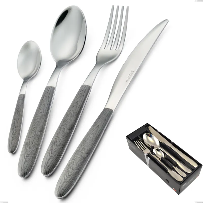 Confezione salvaspazio 24 pezzi vero olmo grigio, acciaio 18.0 nickel free, manicatura pbt sublimato acciaio lucido Eme Posaterie Promo Stagionale