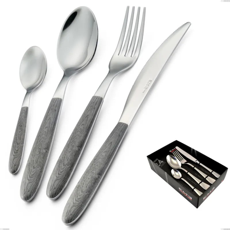 Prezzo Ridotto Confezione vetrina 24 pezzi vero olmo grigio, acciaio 18.0 nickel free, manicatura pbt sublimato acciaio lucido Eme Posaterie