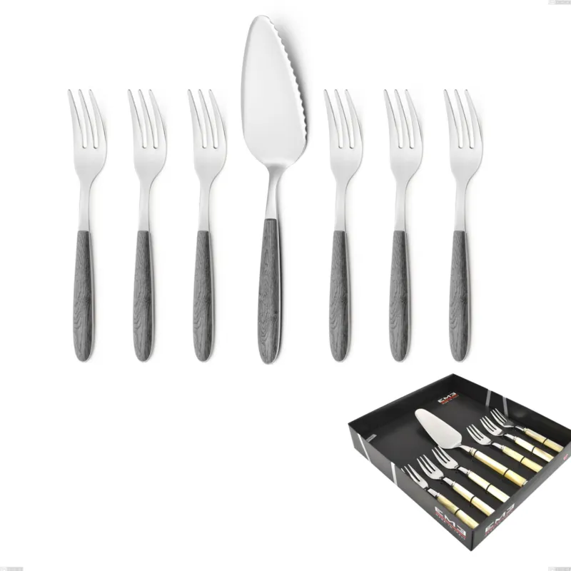 Prezzo Scontato Confezione vetrina 7 pezzi, forchettine più paletta dolce vero olmo grigio, acciaio 18.0 nickel free, manicatura pbt sublimato acciaio lucido Eme Posaterie