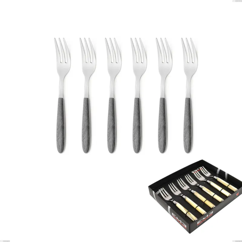 Promozione Esclusiva Confezione vetrina 6 pezzi forchette dolce vero olmo grigio, acciaio 18.0 nickel free, manicatura pbt sublimato acciaio lucido Eme Posaterie