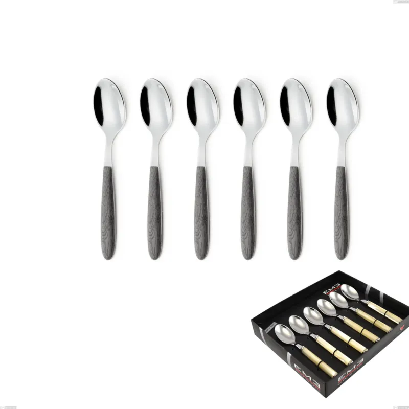 Prezzo Di Fabbrica Confezione vetrina 6 pezzi cucchiaino caffe vero olmo grigio, acciaio 18.0 nickel free, manicatura pbt sublimato acciaio lucido Eme Posaterie