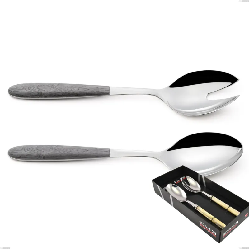 A Buon Prezzo Confezione vetrina 2 pezzi insalata vero olmo grigio, acciaio 18.0 nickel free, manicatura pbt sublimato acciaio lucido Eme Posaterie