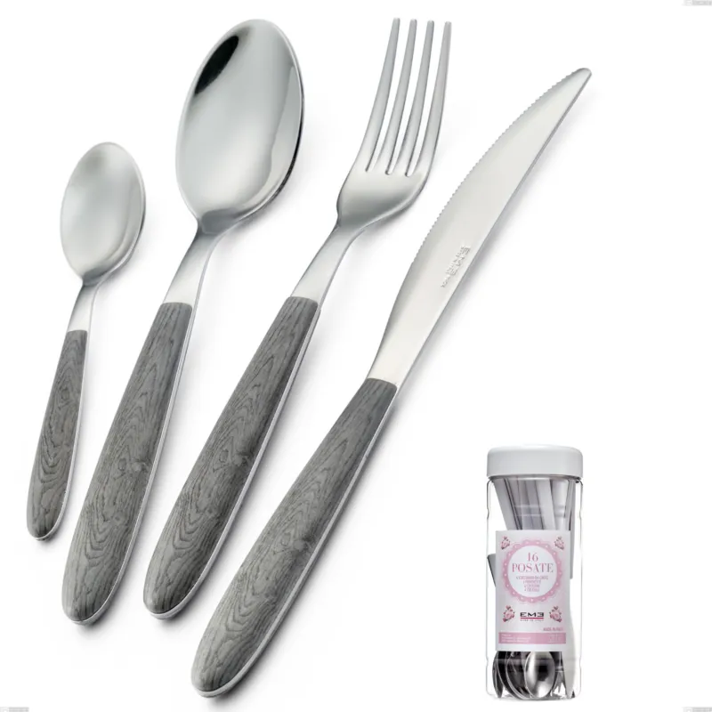 Confezione barattolo francese 16 pezzi posate vero olmo grigio, acciaio 18.0 nickel free, manicatura pbt sublimato acciaio lucido Eme Posaterie Promozione Esclusiva