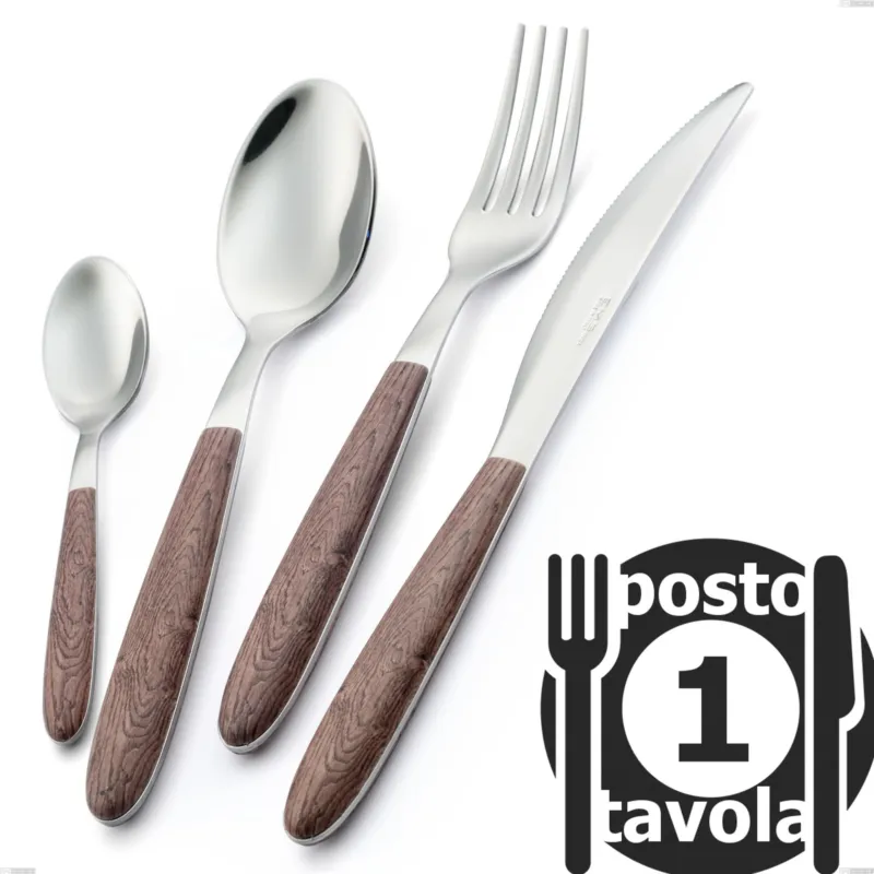Confezione 1 posto tavola vero noce, acciaio 18.0 nickel free, manicatura pbt sublimato acciaio lucido Eme Posaterie Nuova Collezione