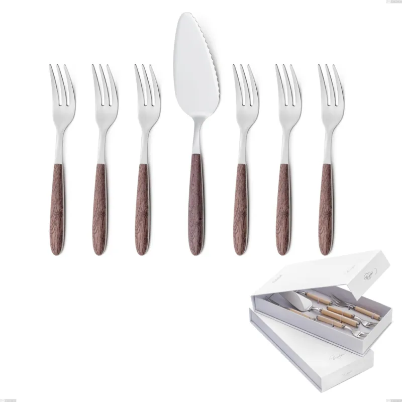 Confezione a libro 7 pezzi, forchettine più paletta dolce vero noce, acciaio 18.0 nickel free, manicatura pbt sublimato acciaio lucido Eme Posaterie Professionale