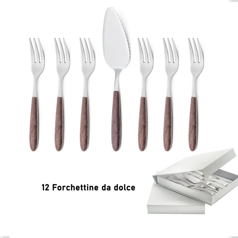 Nuovo Arrivo Confezione a libro 13 pezzi, forchettine più paletta dolce vero noce, acciaio 18.0 nickel free, manicatura pbt sublimato acciaio lucido Eme Posaterie
