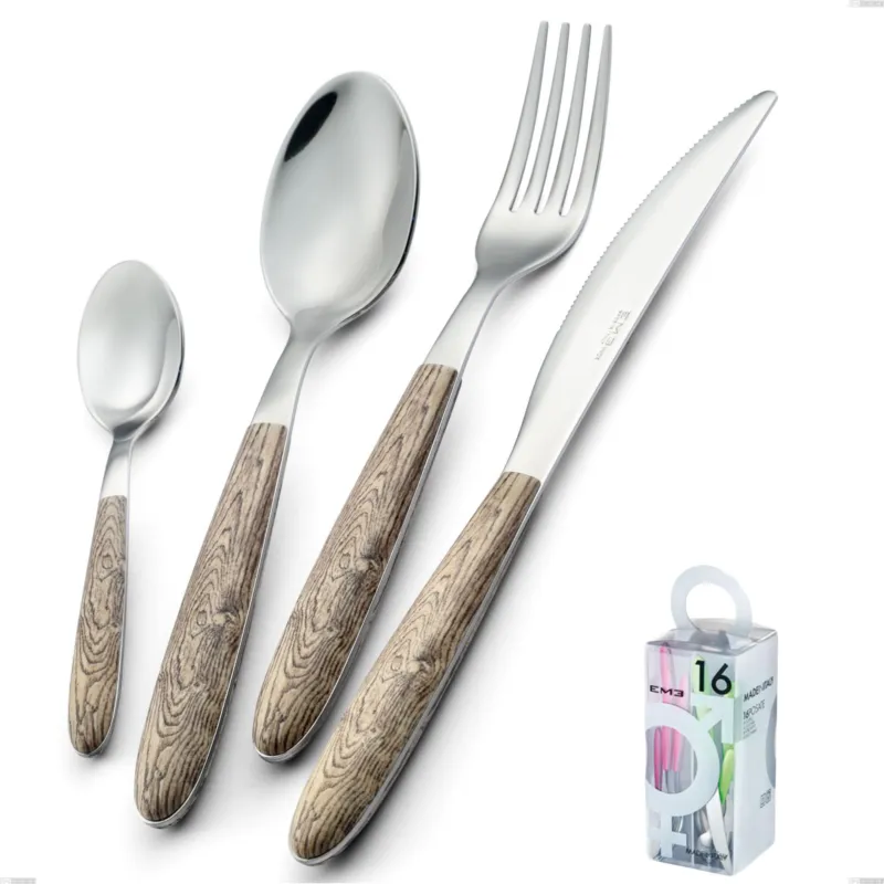 Confezione You&Me 16 pezzi vero larice, acciaio 18.0 nickel free, manicatura pbt sublimato acciaio lucido Eme Posaterie Soddisfatti O Rimborsati