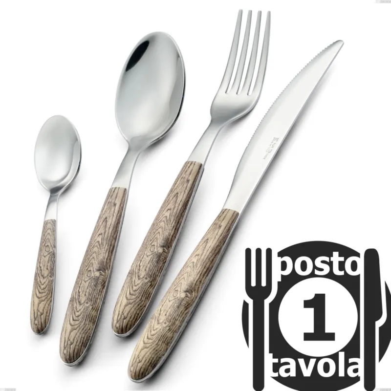 Confezione 1 posto tavola vero larice, acciaio 18.0 nickel free, manicatura pbt sublimato acciaio lucido Eme Posaterie Direttamente Dal Produttore