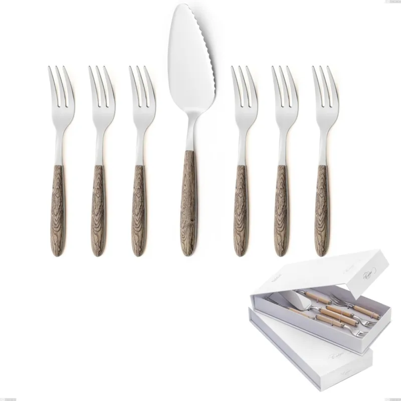 Confezione a libro 7 pezzi, forchettine più paletta dolce vero larice, acciaio 18.0 nickel free, manicatura pbt sublimato acciaio lucido Eme Posaterie Occasione