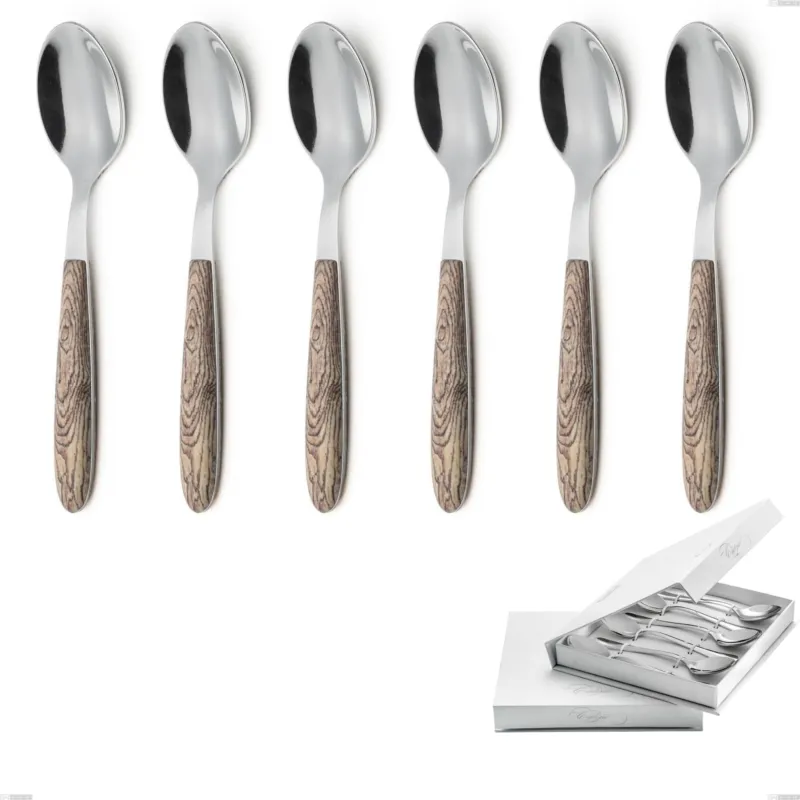 Professionale Confezione a libro 6 pezzi cucchiaini caffè vero larice, acciaio 18.0 nickel free, manicatura pbt sublimato acciaio lucido Eme Posaterie
