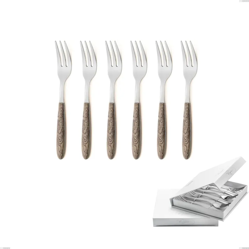 Offerta Confezione a libro 6 pezzi forchette dolce vero larice, acciaio 18.0 nickel free, manicatura pbt sublimato acciaio lucido Eme Posaterie