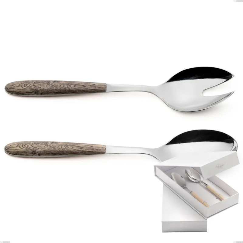 Spedizione Espresso Confezione a libro 2 pezzi insalata vero larice, acciaio 18.0 nickel free, manicatura pbt sublimato acciaio lucido Eme Posaterie