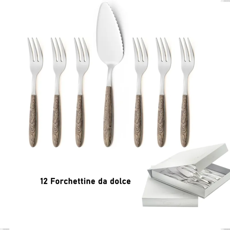 Confezione a libro 13 pezzi, forchettine più paletta dolce vero larice, acciaio 18.0 nickel free, manicatura pbt sublimato acciaio lucido Eme Posaterie Consegna Rapida