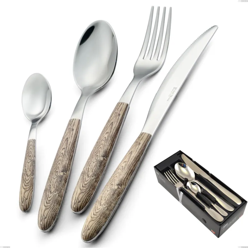 Occasione Imperdibile Confezione salvaspazio 24 pezzi vero larice, acciaio 18.0 nickel free, manicatura pbt sublimato acciaio lucido Eme Posaterie
