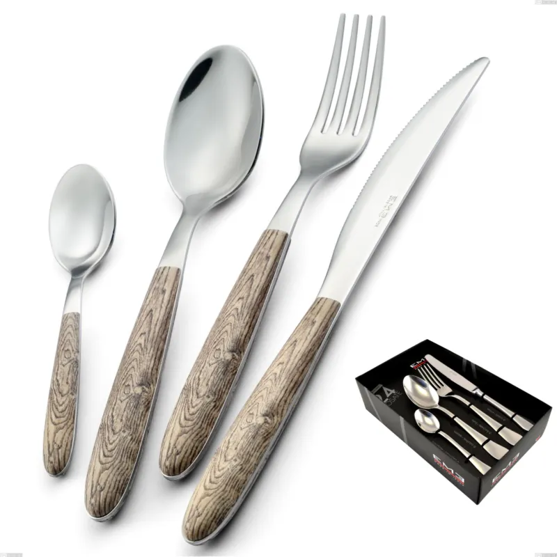 Confezione vetrina 24 pezzi vero larice, acciaio 18.0 nickel free, manicatura pbt sublimato acciaio lucido Eme Posaterie Offerta Lampo