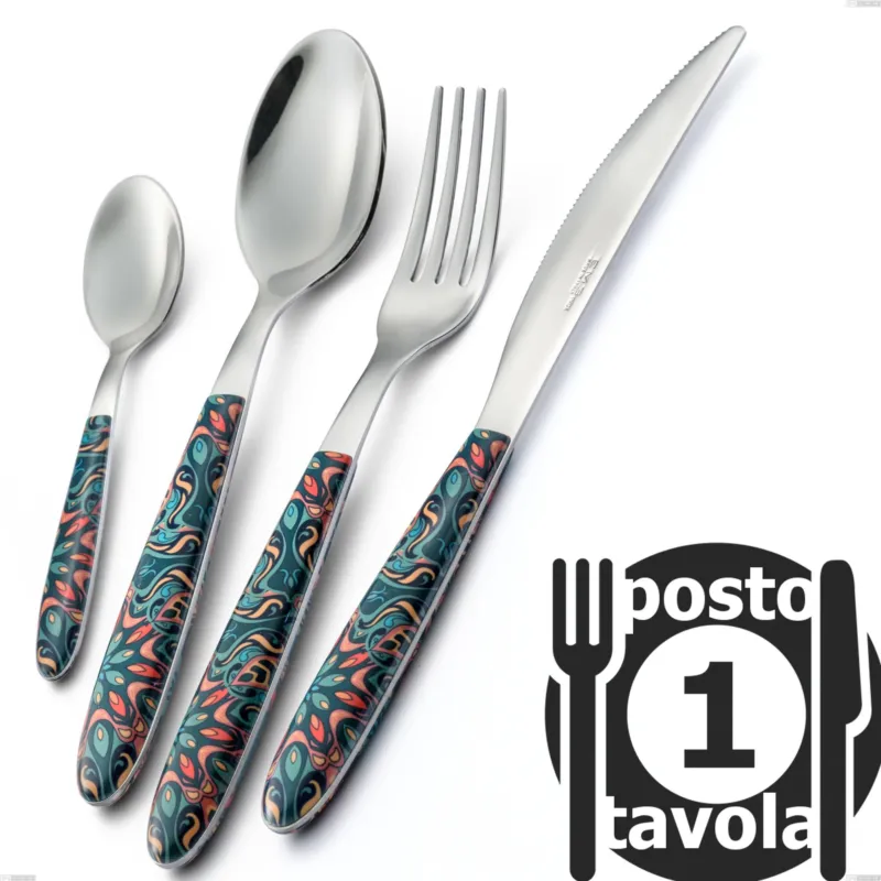 Prezzo Conveniente Confezione 1 posto tavola vero damasco, acciaio 18.0 nickel free, manicatura pbt sublimato acciaio lucido Eme Posaterie