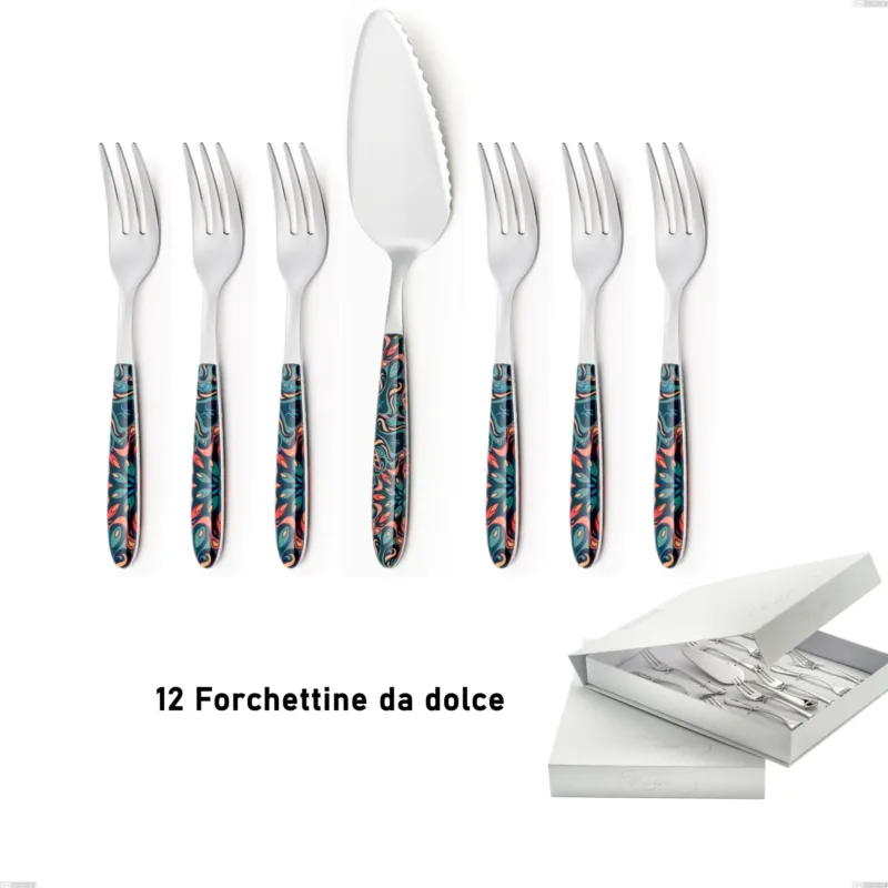 Confezione a libro 13 pezzi, forchettine più paletta dolce vero damasco, acciaio 18.0 nickel free, manicatura pbt sublimato acciaio lucido Eme Posaterie Acquista Ora