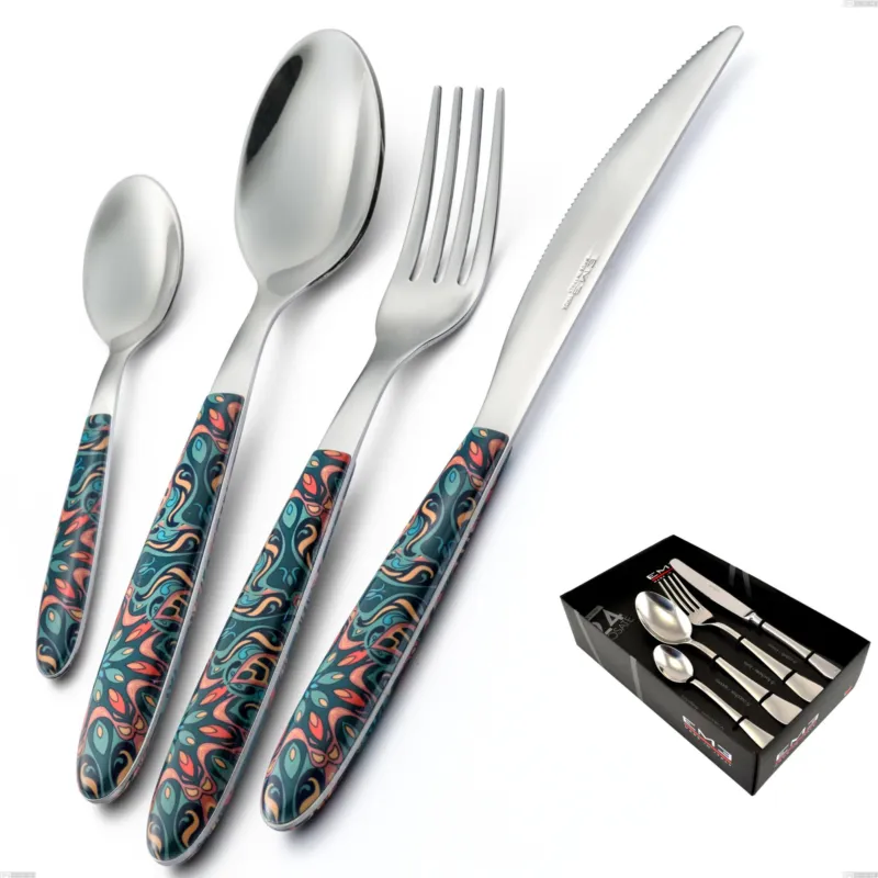 Consegna Rapida Confezione vetrina 24 pezzi vero damasco, acciaio 18.0 nickel free, manicatura pbt sublimato acciaio lucido Eme Posaterie