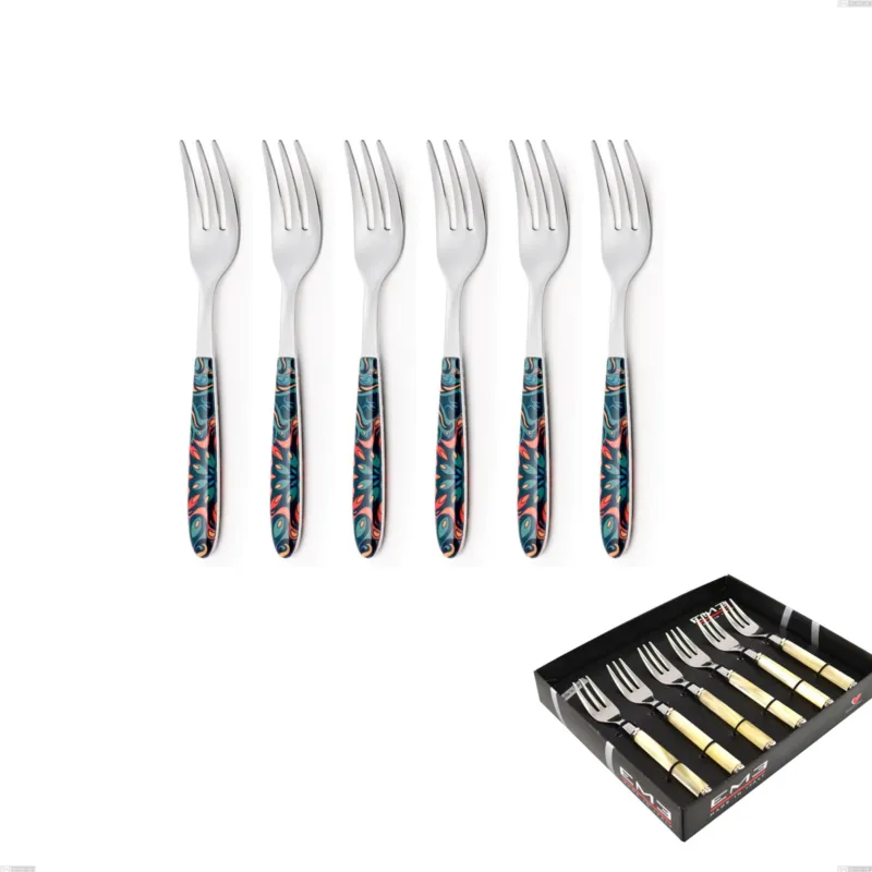 Confezione vetrina 6 pezzi forchette dolce vero damasco, acciaio 18.0 nickel free, manicatura pbt sublimato acciaio lucido Eme Posaterie Ultime Pezzi