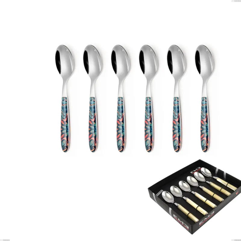 Confezione vetrina 6 pezzi cucchiaino caffe vero damasco, acciaio 18.0 nickel free, manicatura pbt sublimato acciaio lucido Eme Posaterie Ultimissimo Modello