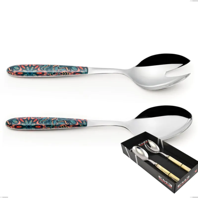 Ultime Pezzi Confezione vetrina 2 pezzi insalata vero damasco, acciaio 18.0 nickel free, manicatura pbt sublimato acciaio lucido Eme Posaterie