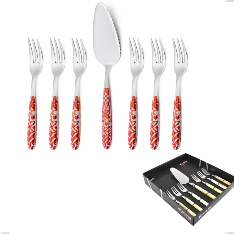 Acquista Ora Confezione vetrina 7 pezzi, forchettine più paletta dolce vero circle, acciaio 18.0 nickel free, manicatura pbt sublimato acciaio lucido Eme Posaterie