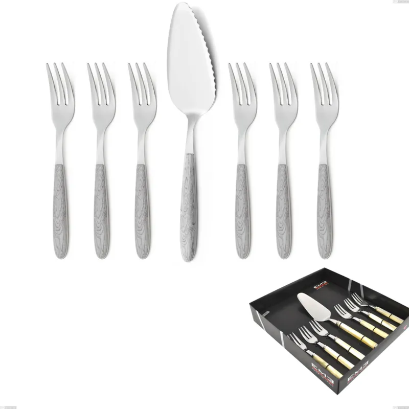Compra Adesso Confezione vetrina 7 pezzi, forchettine più paletta dolce vero betulla, acciaio 18.0, manicatura pbt sublimato acciaio lucido Eme Posaterie