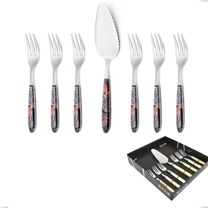 Confezione vetrina 7 pezzi, forchettine più paletta dolce vero pechino, acciaio 18.0, manicatura pbt sublimato acciaio lucido Eme Posaterie Subito Disponibile