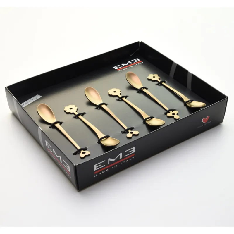Cucchiaini Espresso e Moka CADEAU in acciaio 18.10 AISI430 112 mm set 6 pezzi SAHARA ORO Opaco in confezione vetrina Eme Posaterie Reso Gratuito
