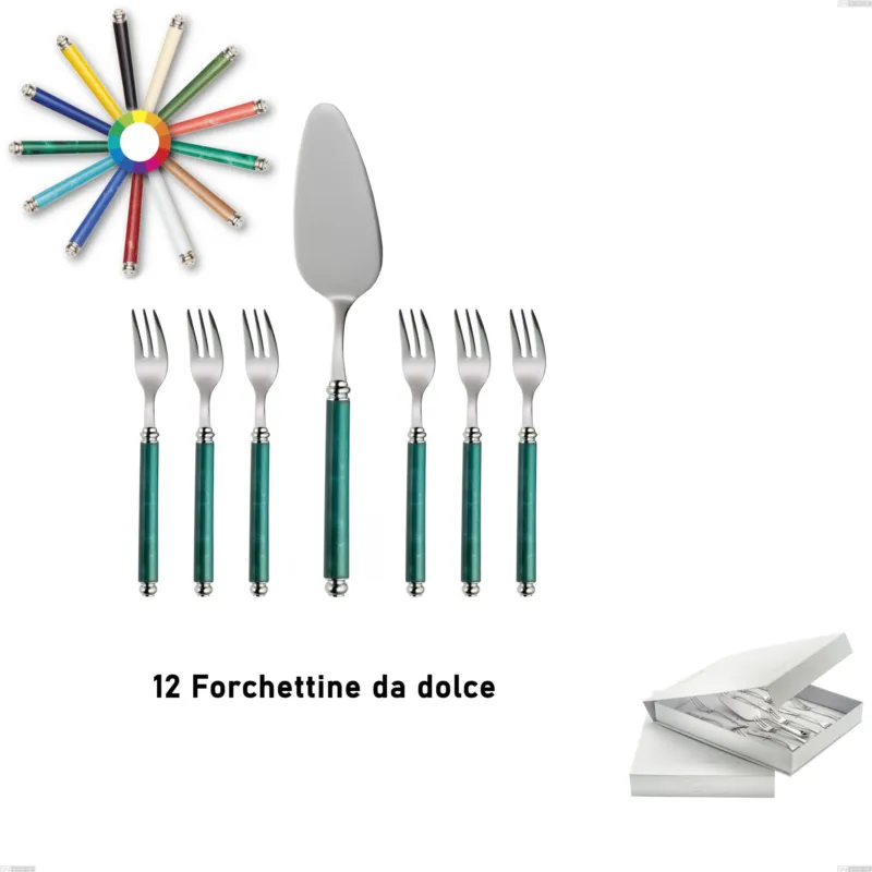 Direttamente Dal Produttore Confezione a libro 13 pezzi, forchettine più paletta dolce Arcadia, Acciaio 18/10 AISI 304 Lucido manicatura acrilico doppia ghiera Eme Posaterie blu 2