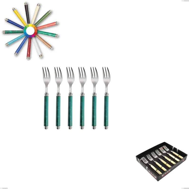Promozione Confezione vetrina 6 pezzi forchette dolce Arcadia, Acciaio 18/10 AISI 304 Lucido manicatura acrilico doppia ghiera Eme Posaterie blu 2