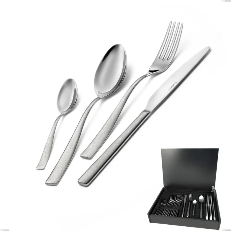 Offerta Del Giorno Servizio di posate 24 pezzi in astuccio di legno Infinity la Divina, Acciaio 18/10 Inox Lucido con incisione al laser, spessore 2,5 mm mm Eme Posaterie