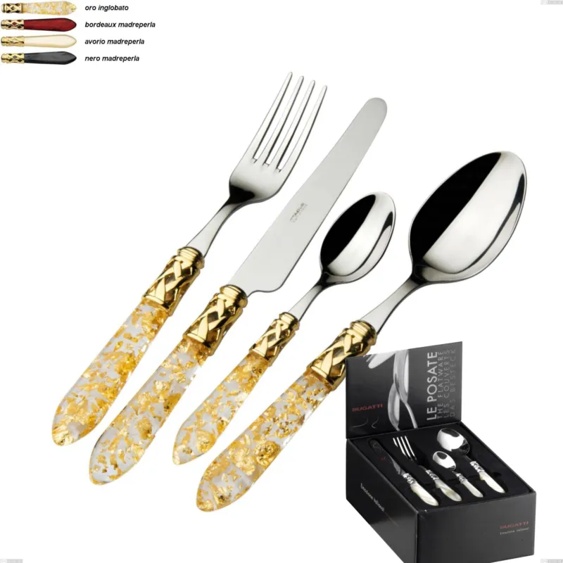 Compra Adesso Confezione 24 pezzi compact Aladdin ghiera oro bugatti, acciaio 18.10 lucido manico in pmma Casa bugatti oro inglobato