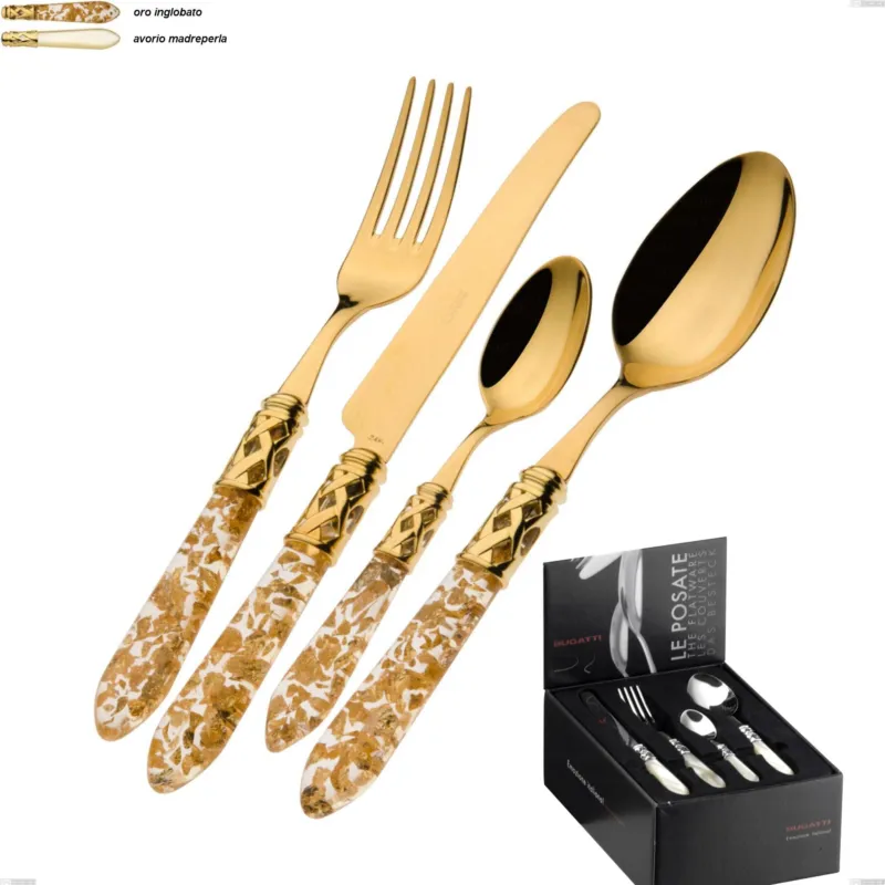 Confezione 24 pezzi compact Aladdin tutto oro bugatti, acciaio 18.10 placcato oro 24 karati manico in pmma Casa bugatti oro inglobato Nuovo Arrivo
