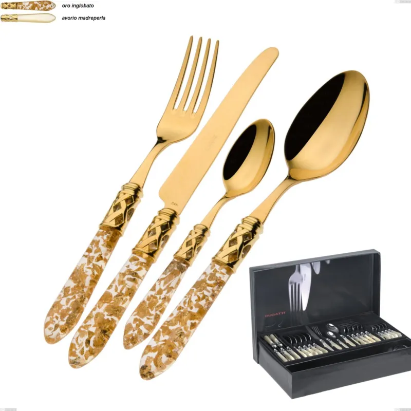 Vendita Finale Confezione 50 pezzi posate in scatola gallery Aladdin tutto oro, Pagliuzze Oro, bugatti, acciaio 18.10 placcato oro 24 karati manico in pmma trasparente Casa bugatti oro inglobato