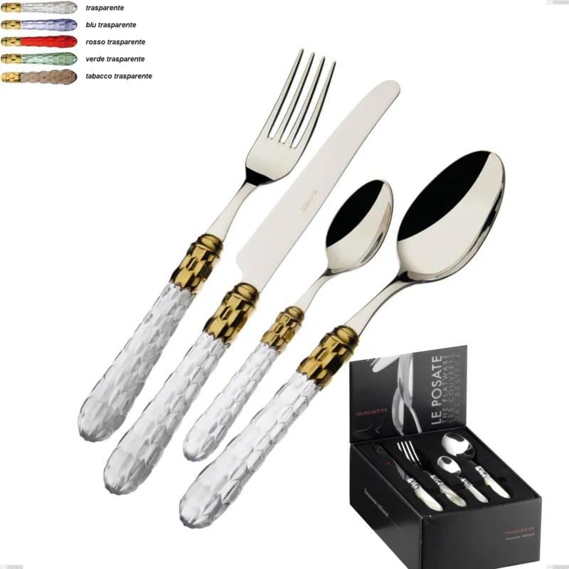 Confezione 24 pezzi compact Cristallo ghiera oro bugatti, acciaio 18.10 lucido manico in pmma Casa bugatti trasparente Offerta Limitata