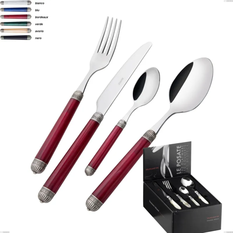 Confezione 24 pezzi compact Dorico bugatti ghiera brunita, acciaio 18.10 manico in acrilico con sfumature marmorizzate Casa bugatti bianco Esclusivo