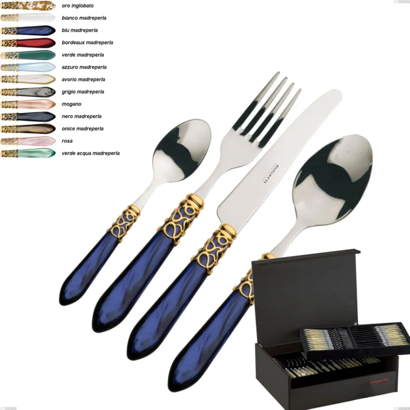 Offerta Lampo Confezione 75 pezzi posate in astuccio legno wenge Melodia ghiera oro bugatti, acciaio 18.10 manico in acrilico Casa bugatti oro inglobato