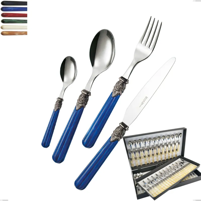 Astuccio 75 pezzi posate versailles, Acciaio 18/10 AISI 304 Lucido manicatura acrilico Eme Posaterie blu 2 Reso Gratuito
