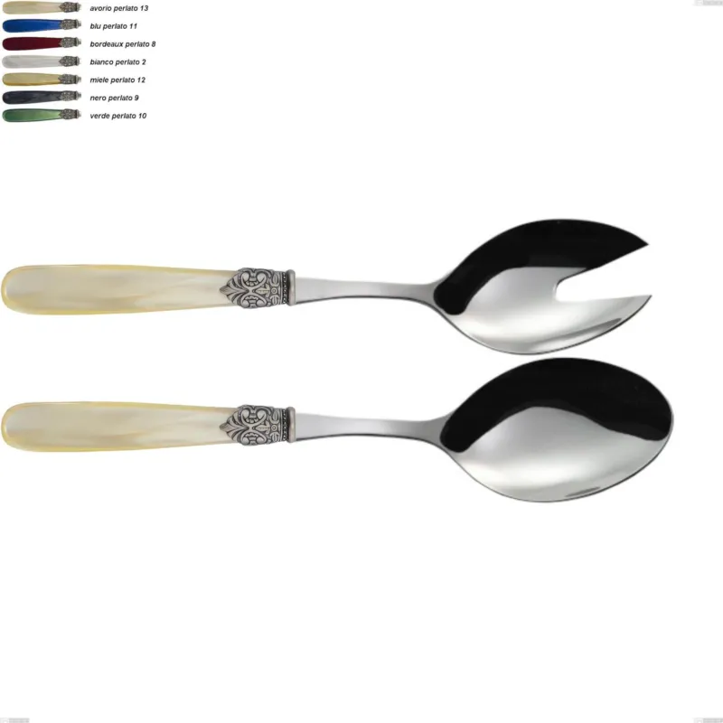 Nuova Collezione Coppia insalata georgian, Acciaio 18/10 AISI 304 Lucido manicatura acrilico perlato, lunghezza 237 mm Eme Posaterie avorio perlato 13
