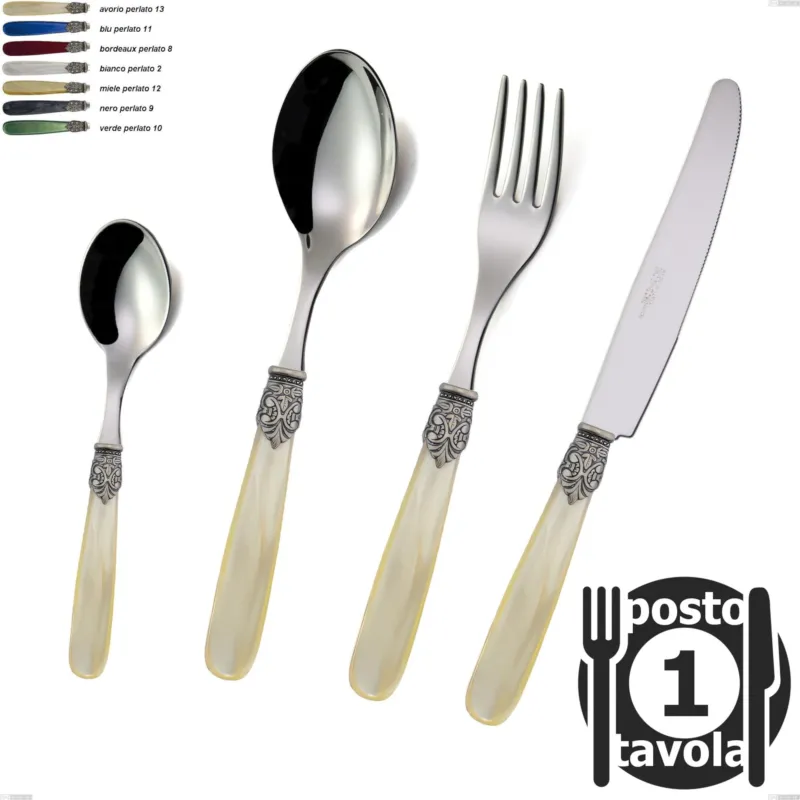 Promozione Esclusiva Confezione 1 posto tavola georgian, Acciaio 18/10 AISI 304 Lucido manicatura acrilico perlato Eme Posaterie avorio perlato 13