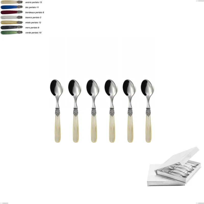 Must-Have Confezione a libro 6 pezzi cucchiaino moka georgian, Acciaio 18/10 AISI 304 Lucido manicatura acrilico perlato Eme Posaterie avorio perlato 13