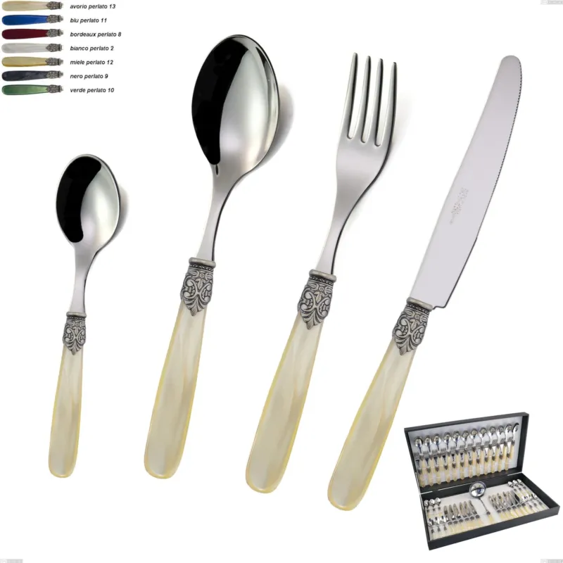 Astuccio 49 pezzi posate georgian, Acciaio 18/10 AISI 304 Lucido manicatura acrilico perlato Eme Posaterie avorio perlato 13 Spedizione Espresso
