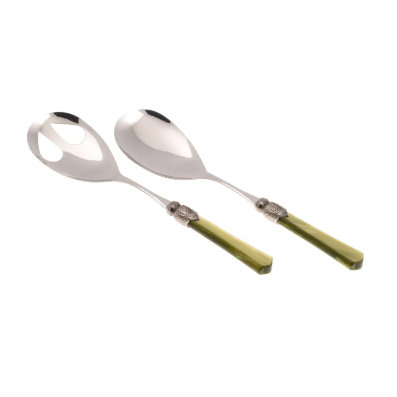 Promo Stagionale Coppia Insalata set da 2 pezzi Vittoria in acciaio inox 18/10 manico in PMMA effetto madreperlato ghiera anticata 2,5 mm colore verde oliva Rivadossi