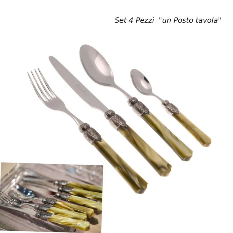 Pagamento Sicuro Posto tavola 4 Pezzi un coperto VITTORIA in acciaio inox 18/10 manico in plexiglas Verde Oliva spessore Acciaio 2,5 mm in confezione Rivadossi